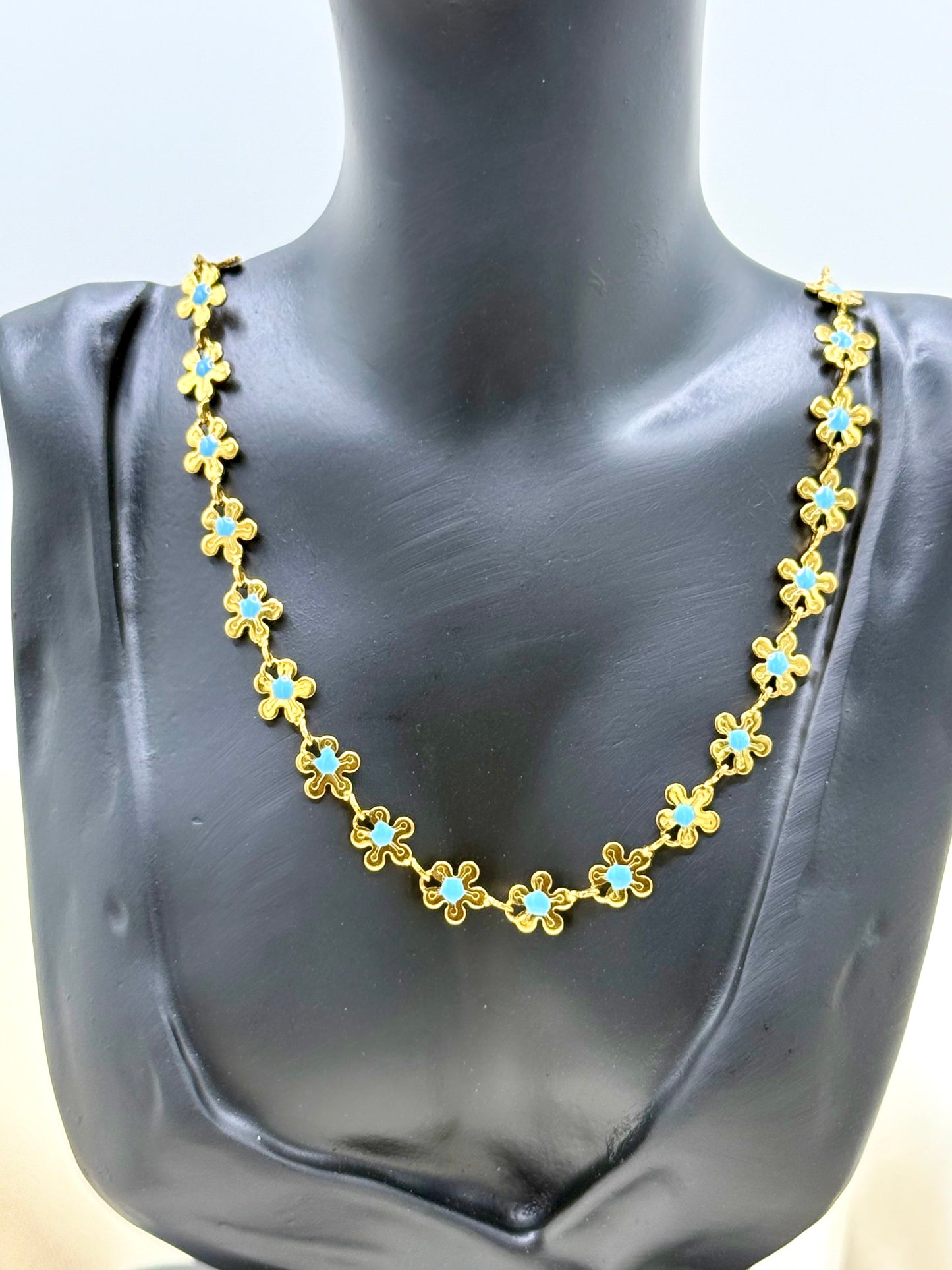 Parure Collier & Bracelet – Trèfles Émaillés Bleu – Acier Inoxydable 304 Plaqué Or 18K PVD