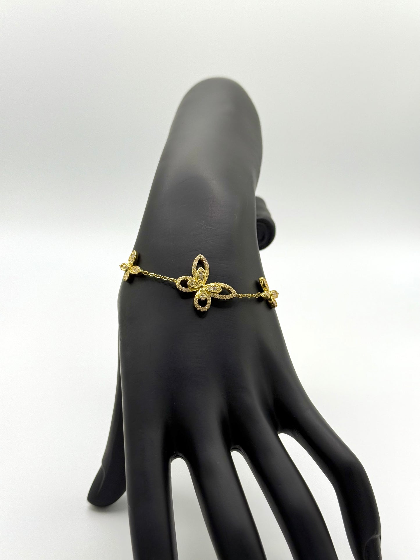 Bracelet Femme en Argent 925 Plaqué Or 18K – Breloques Papillons & Zircons Étincelants