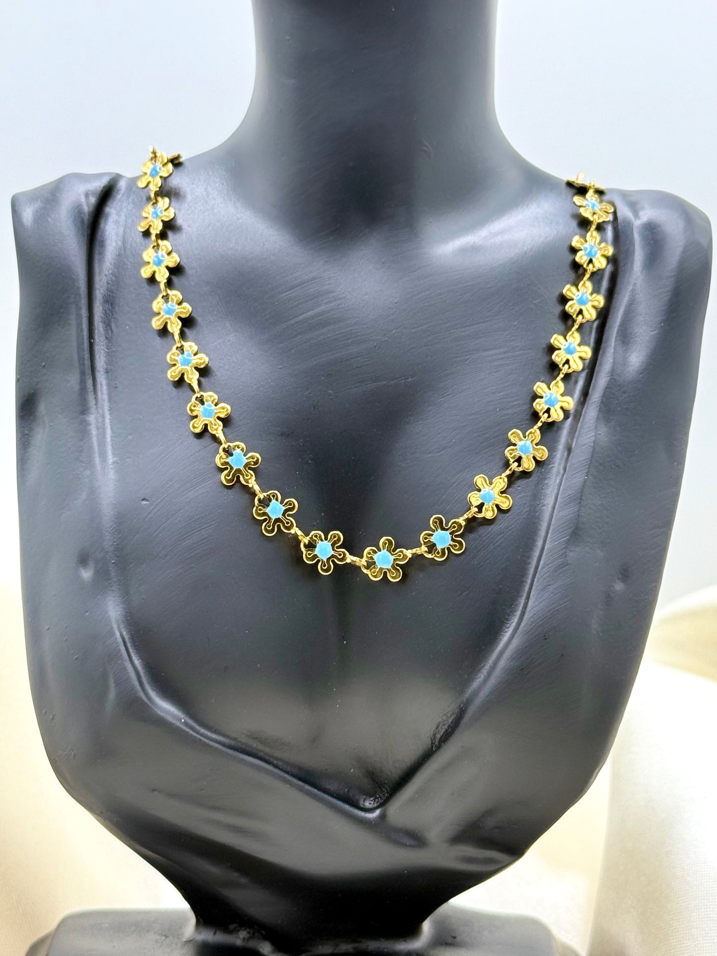 Parure Collier & Bracelet – Trèfles Émaillés Bleu – Acier Inoxydable 304 Plaqué Or 18K PVD