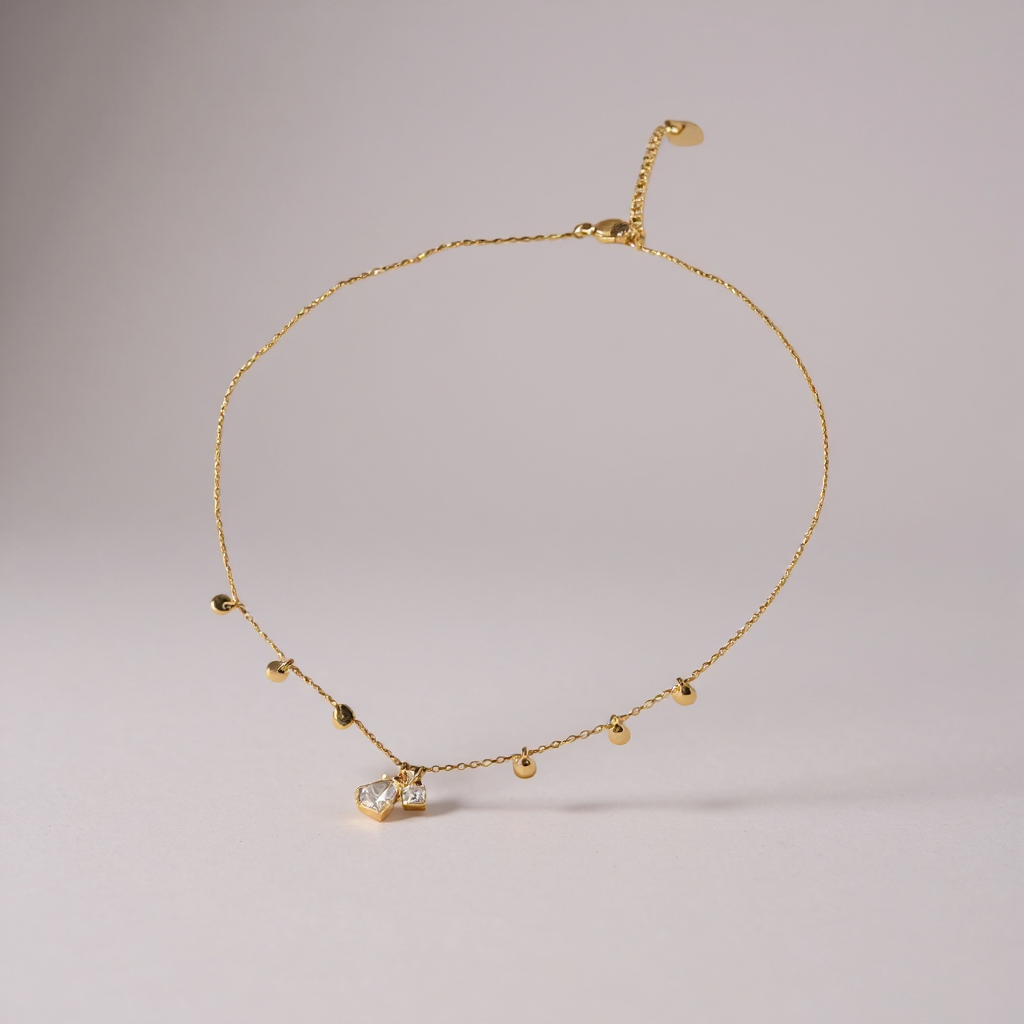 Collier Doré à Breloques – Chaîne 45 cm avec Pendentifs Ronds & Cristaux – Acier Inoxydable 316L