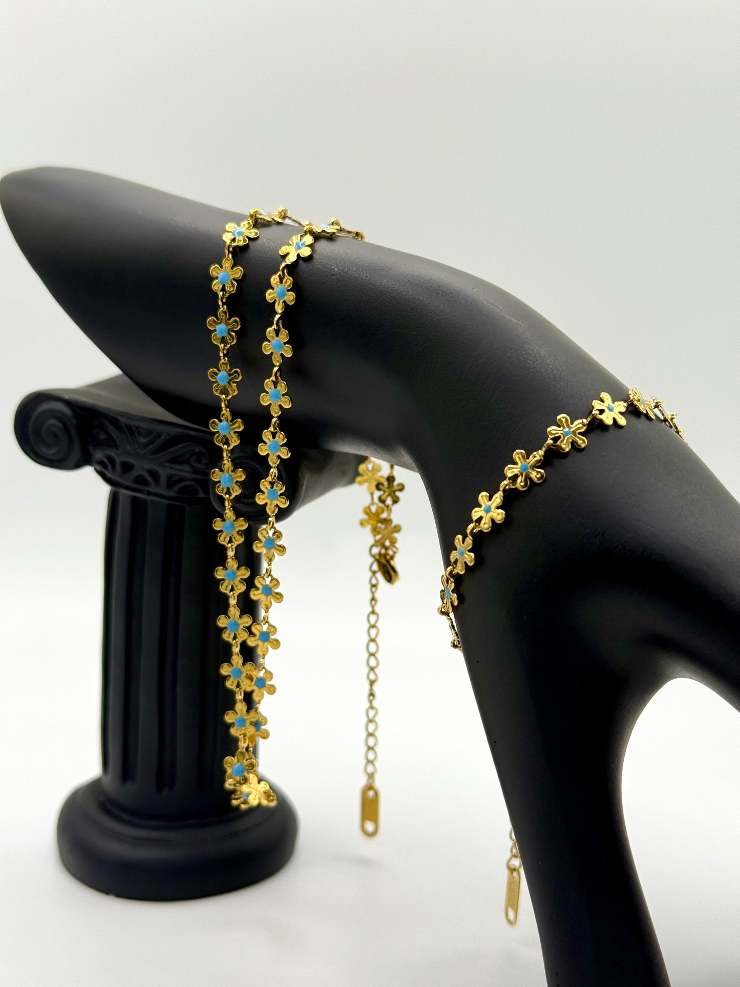 Parure Collier & Bracelet – Trèfles Émaillés Bleu – Acier Inoxydable 304 Plaqué Or 18K PVD