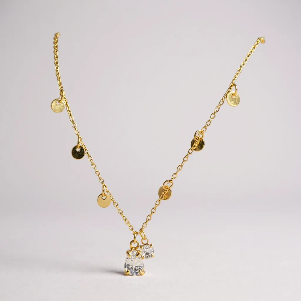 Collier Doré à Breloques – Chaîne 45 cm avec Pendentifs Ronds & Cristaux – Acier Inoxydable 316L