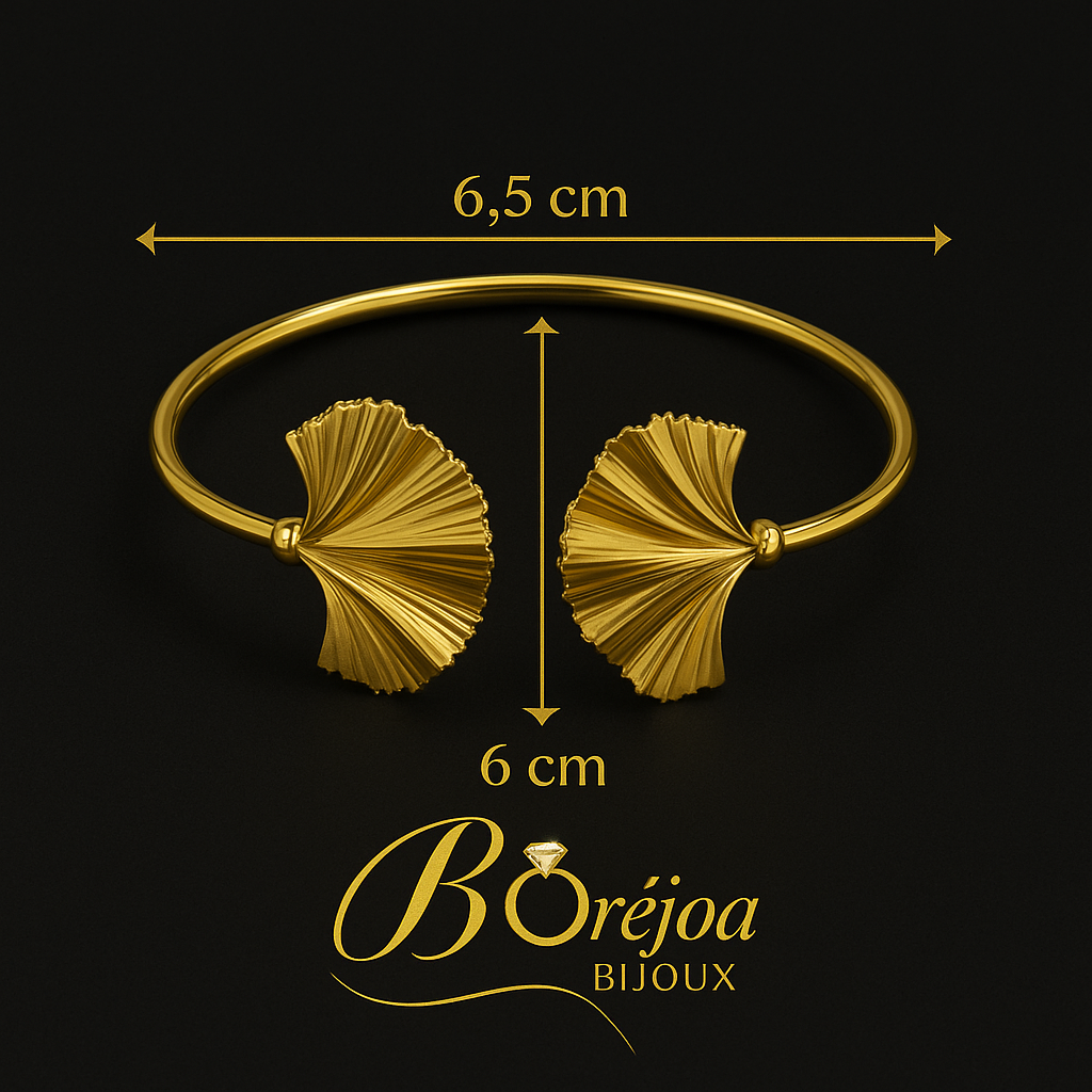 Bracelet Jonc Doré – Feuilles Ginkgo Sculptées – Acier Inoxydable 316L Hypoallergénique