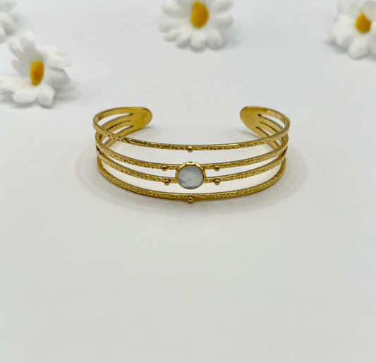 Bracelet Manchette Doré Femme Martelé avec Pierre Nacrée – Acier Inoxydable Hypoallergénique