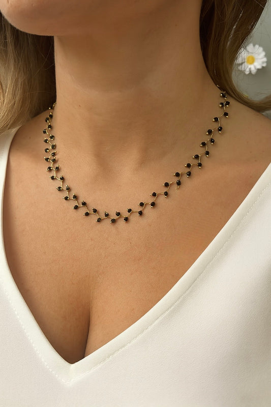 Collier Ras-de-Cou Femme – Acier Inoxydable 316L Doré – Design Feuillage & Perles Noires Élégantes