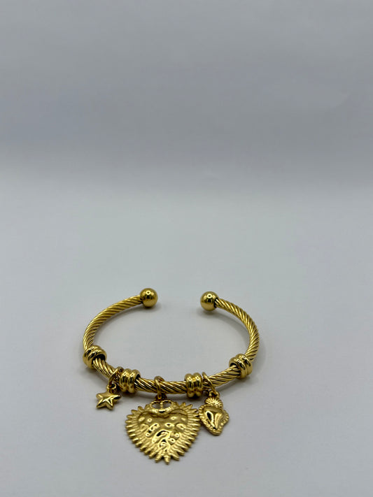 Bracelet Jonc Doré Ajustable – Breloques Cœur, Étoile & Coquillage – Acier Inoxydable 316L Hypoallergénique