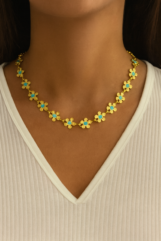 Parure Collier & Bracelet – Trèfles Émaillés Bleu – Acier Inoxydable 304 Plaqué Or 18K PVD